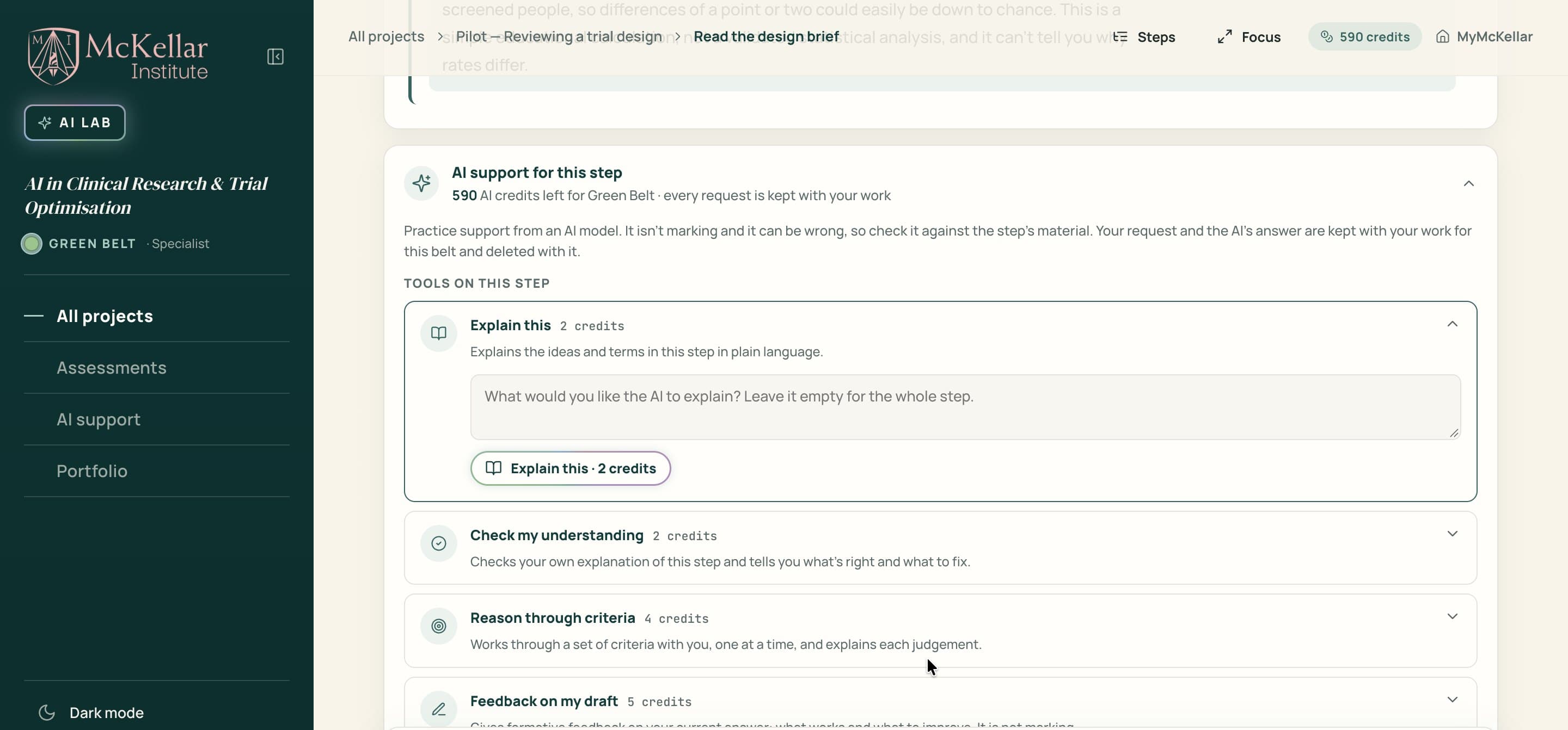 A Lab project step: the McKellar sidebar, the step's reading, and the AI support panel listing Explain this, Check my understanding, Reason through criteria and Feedback on my draft with their credit costs