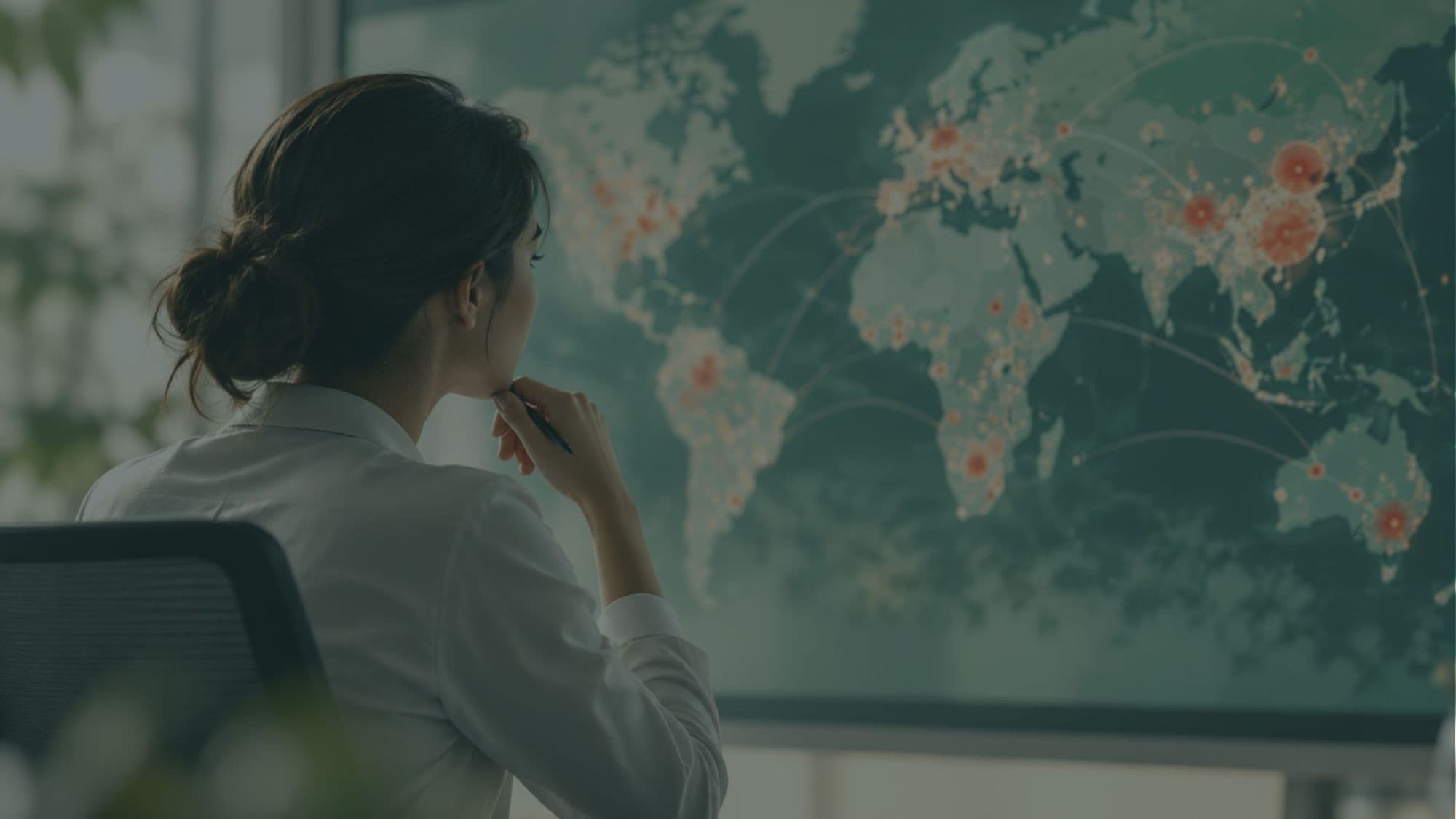 A public health professional studying a global outbreak-surveillance map