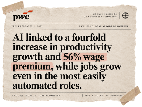 PwC 2025 Global AI Jobs Barometer — AI linked to a fourfold increase in productivity growth and 56% wage premium